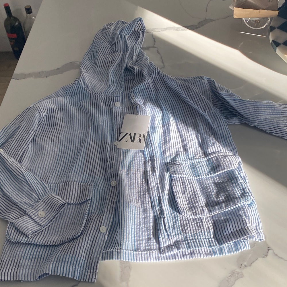 Zara Blue and White Striped Hooded Jacket